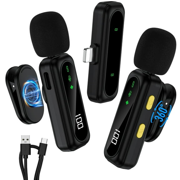 2Pack Wireless Microphone for iPhone,HopePow Mini Mic with LED Power Magnetic Lavalier Podcast Microphone for Video Recording,Mac,Interview,TikTok,Laptop,Live Stream,YouTube