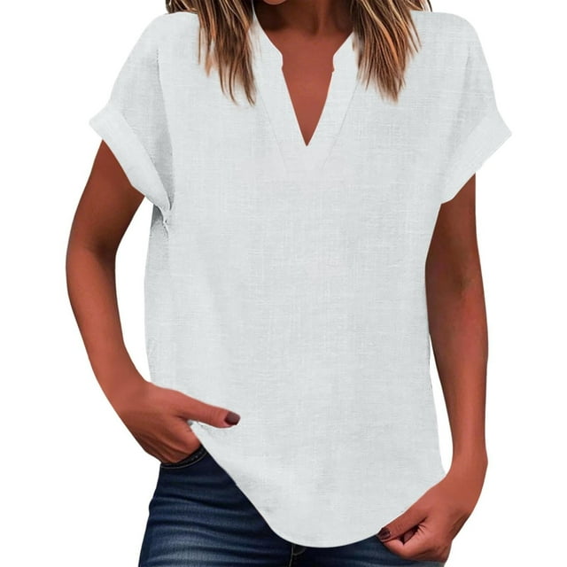 Vestidos Casuales Para Mujer, Blusas De Mujer De Moda Suéter de mujer de color liso de imitación de lino y lino con hombros descubiertos y cuello en V de manga corta a la moda