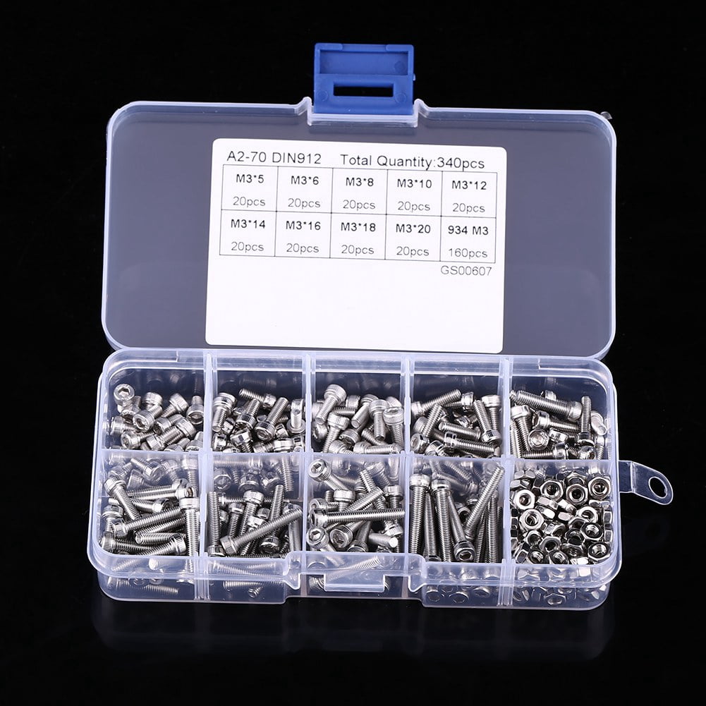 Gegong 340pcs M3 Stainless Steel SS304 Hex Socket C AP Head Screws And Nuts Assortment,Hex Socket Screws, Fastener