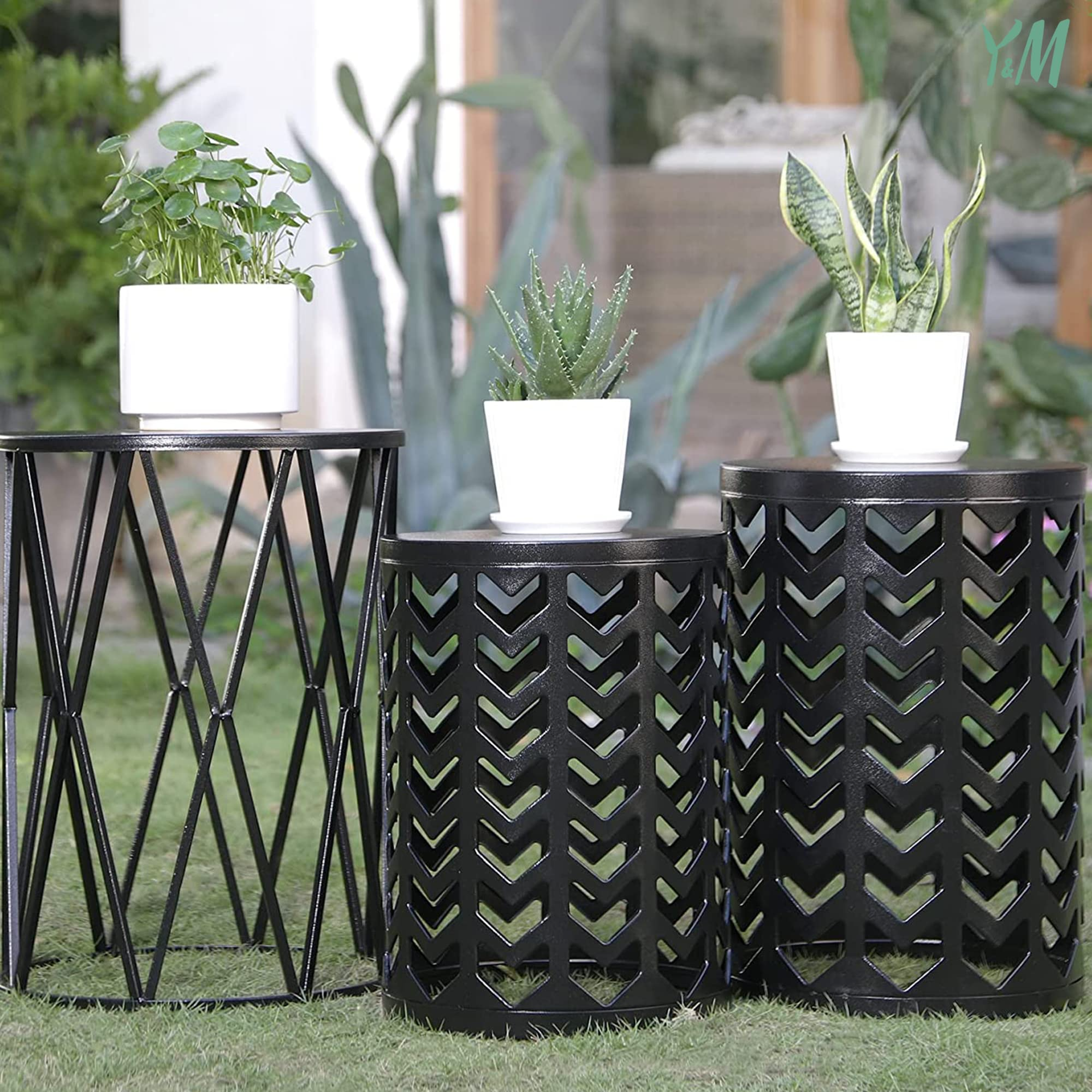 Y&M 3-Piece Nesting Side Table Set, Round Metal, Black photo 7