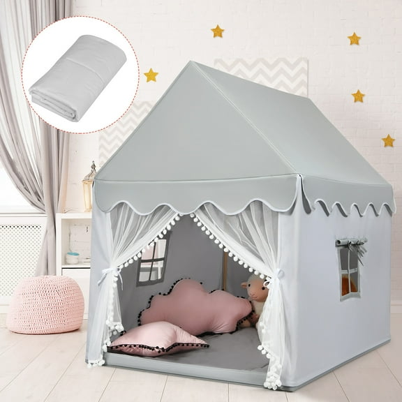 Costway Tente de Jeu pour Enfants Grande Maisonnette Château de Jeu pour Enfants Tente Féerique Cadeau avec Tapis Gris