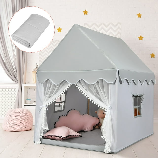 Costway Casa de muñecas para niños, casita con tienda resistente estructura de sólida madera y alfombrilla de algodón, casa con tienda puerta y ventana para niños y niñas, castillo juguete para niños