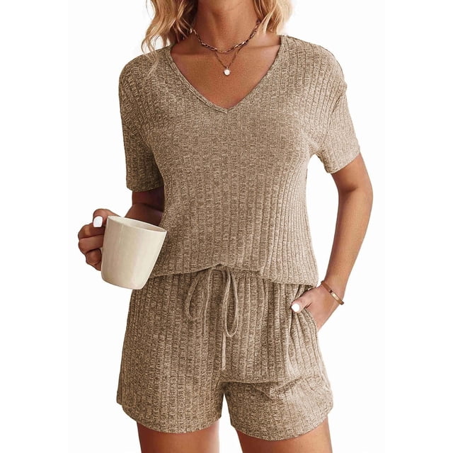 Pyjama d'Été 2 Pcs Hauts et Shorts pour Femmes Ensembles de Pyjama Tenues Décontractées