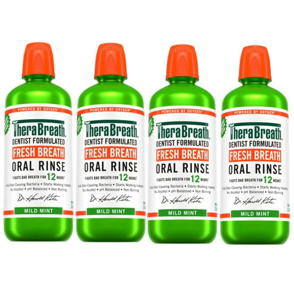 4 Pack - TheraBreath Fresh Breath Mouthwash, Mild Mint, Alcohol-Free, 1 Liter (33.8 fl oz)