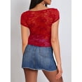 thumbnail image 6 of Raccmtaty Women's Summer Slim Crop Tops Short Sleeve Low Cut Sheer Lace Floral Club T-shirt, 6 of 6
