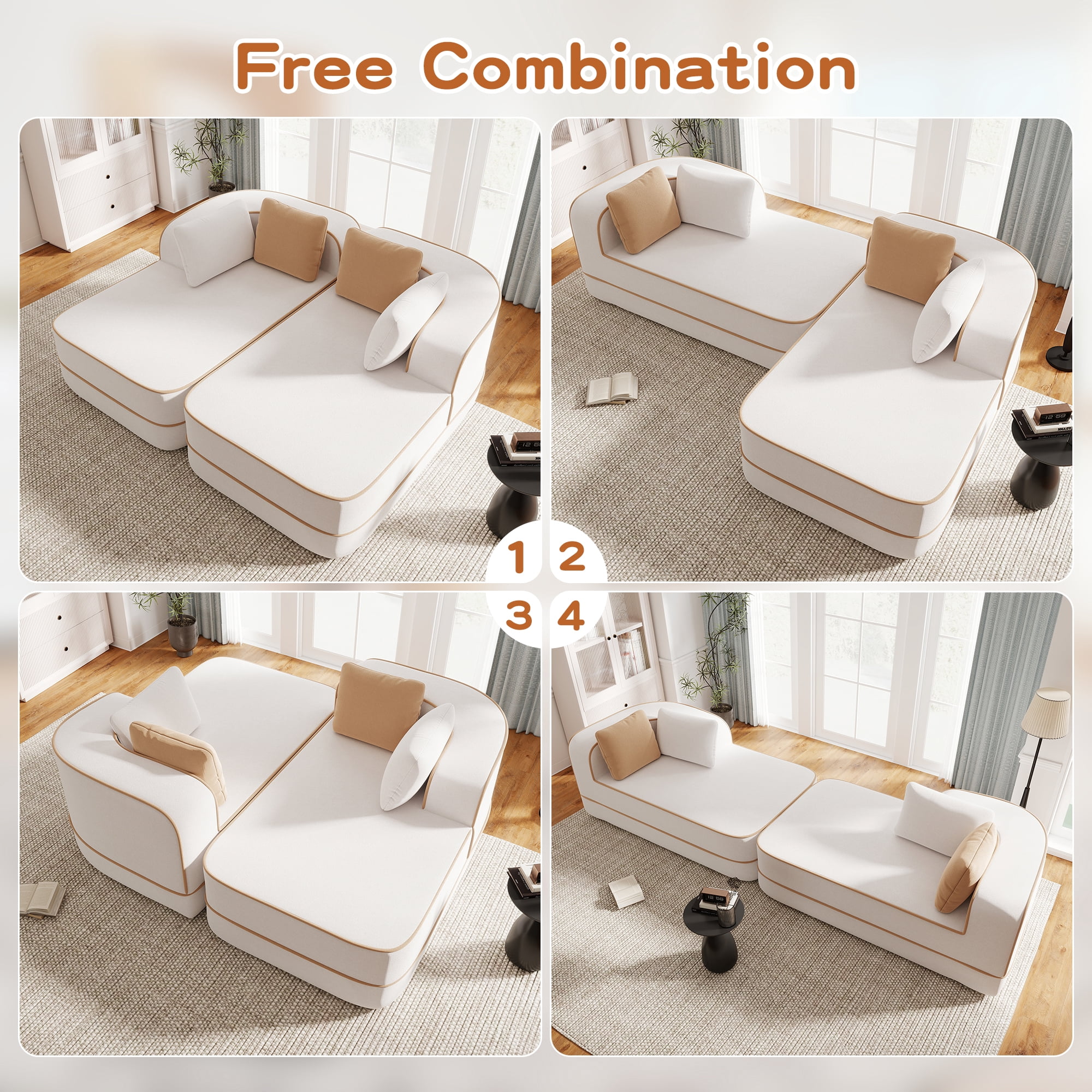 106" Teddy Fabric No Assembly 32D Boneless Sofa, Comfy Couch with L-Shaped Chaise for Living Room, White
