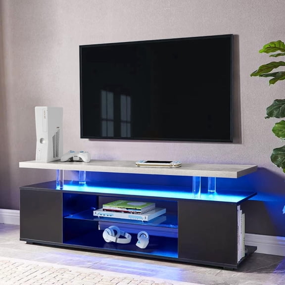 51" TV Stand, Gaming Entertainment Center Media Storage Console Table for 65 Inch TV, TV Unit with Large Sliding Drawer, Glass Open Shelf, Side Cabinet and LED Light, Grey Black