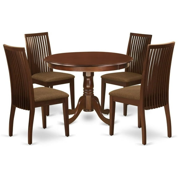 HomeStock 5 Piece Dinette Set for 4 Includes a Round Dining Room Table with Pedestal and 4 Linen Fabric Kitchen Dining Chairs, 42x42 Inch,Mahogany