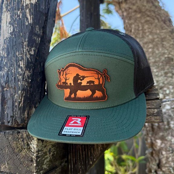 Hog Hunting Hat – Richardson 168 Snapback – Leather Patch Wild Boar & Rifle Scene