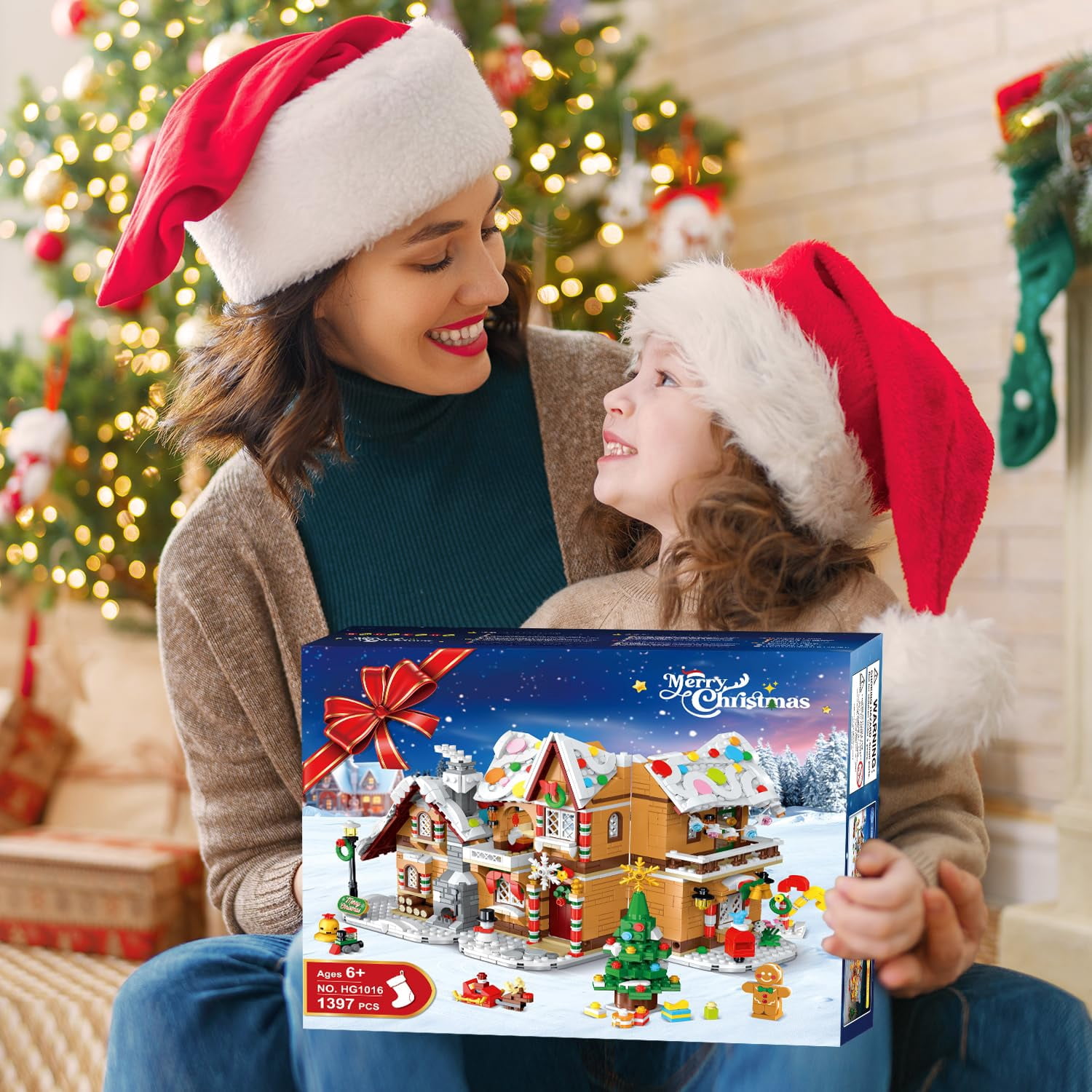 HOGOKIDS 1397PCS Christmas Gingerbread House Building Set, 3-in-1 Holiday Village Model with Santa Claus, Christmas Tree and Mini Figures, Building Blocks Set for Adults and Kids Ages 8+