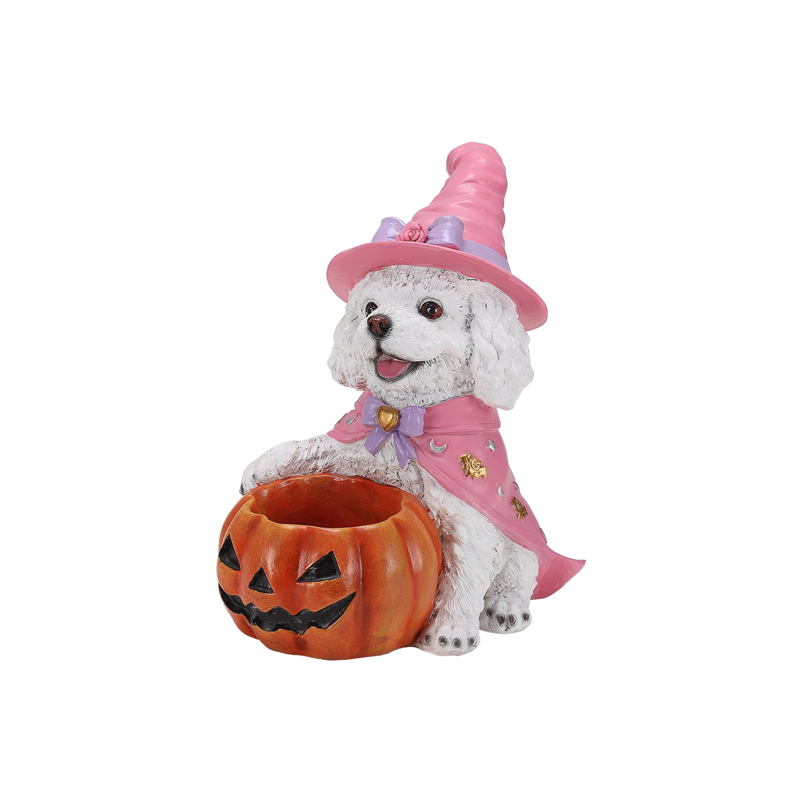Teddy Puppy Figurine 12.6 Inch, Halloween Witch Dog Statue with Pumpkin Candy Bowl, Cute Puppy Decor for Tabletop and Holiday Display, White and Pink
