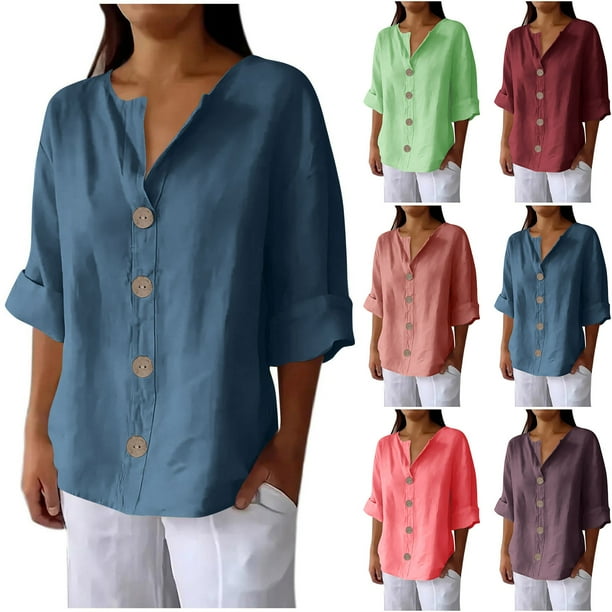 Tops de verano para mujer,Blusa de mujer con escote en V, manga 3/4, aspecto de lino, corte holgado, botones, poliéster, ropa informal, sopatenor