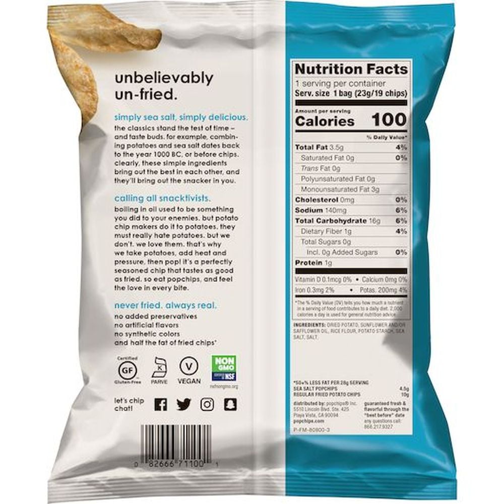 Popchips Sea Salt Popped Potato Chips, 0.8 Ounce -- 24 per Case.