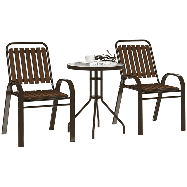 Outsunny Ensemble Bistro de Patio 3 Pcs, Chaises Empilables avec Table en Verre, Brun