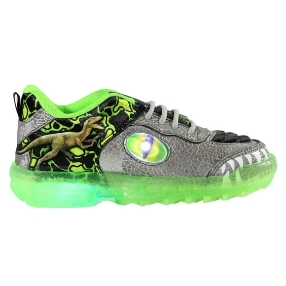 Tenis Niño Kuali Shoes Dinosaurio Rex Luces Led Talla 15.5 cm Plata Verde Neon