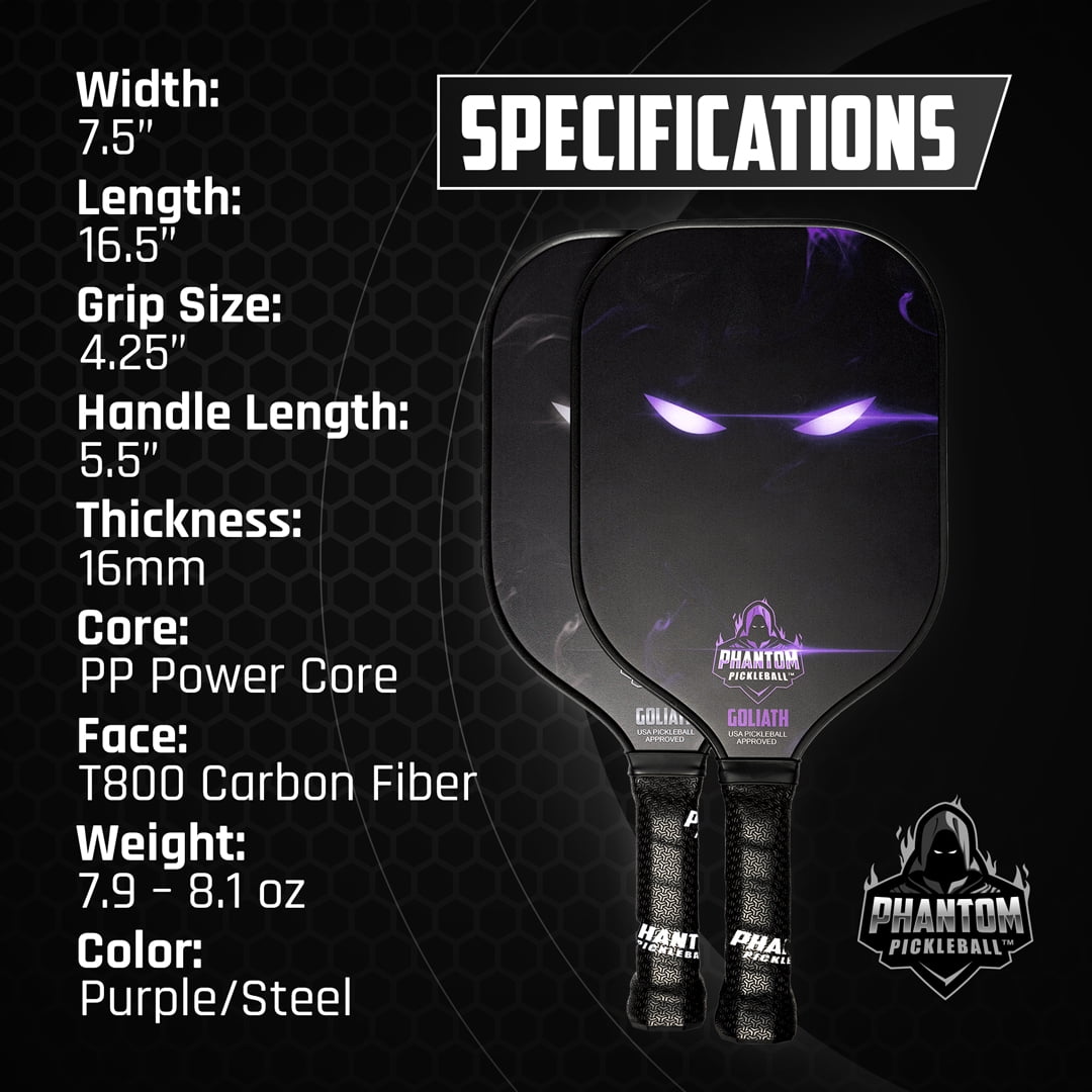 Phantom Pickleball - Goliath (Purple) 16mm T800 Carbon Fiber Pro Pickleball Paddle with Cover