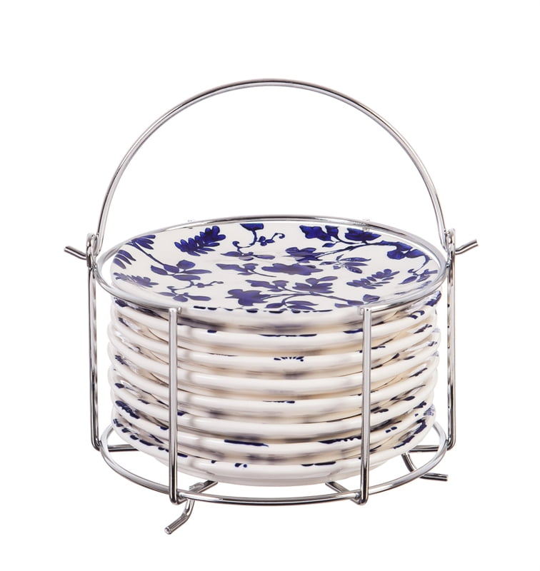 Debossed Ceramic 6'' Appetizer Plate w/caddy, Blue Floral Toile