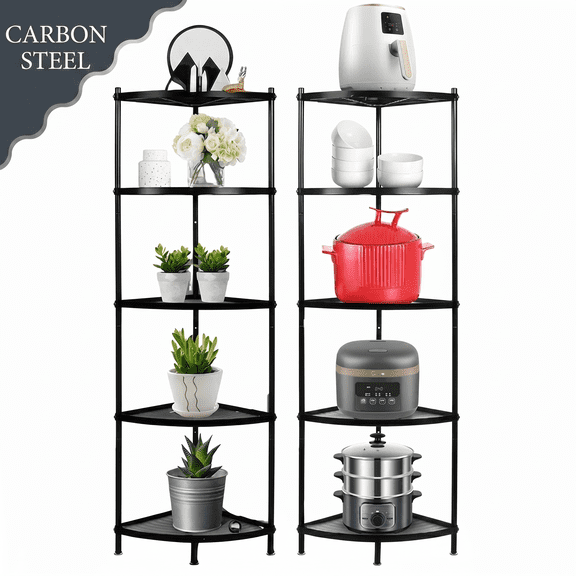 petoto 5-Tier Kitchen Pot Rack Stand Metal Wire Corner Shelf Rack Multi-Layer Storage Organizer Space Saving Storage Rack for Living Room, Office, Kitchen, Black