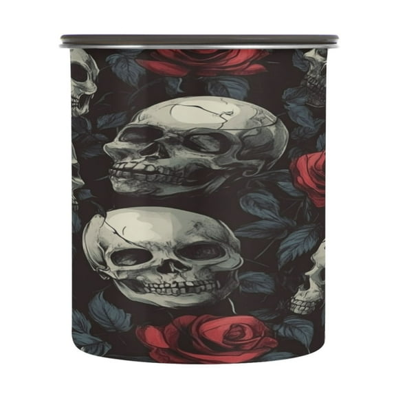 Wobogo Skull Red Roses Pattern Food Storage Jars 304 Food Grade Stainless Steel Canisters With Vacuum Airtight Lids for Coffee Snacks Nuts Cereal 900ML