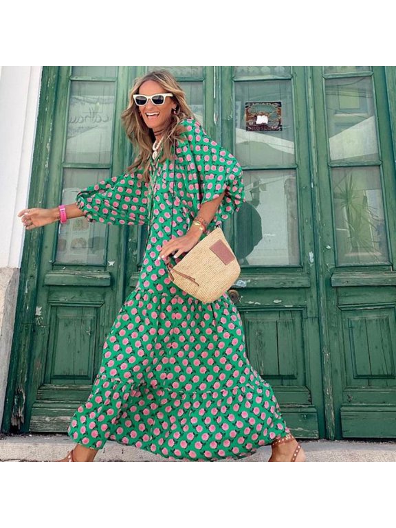 Women's Bohemian Floral Dress VNeck Puff Short Sleeve Beach Sundress Long Swing Dress