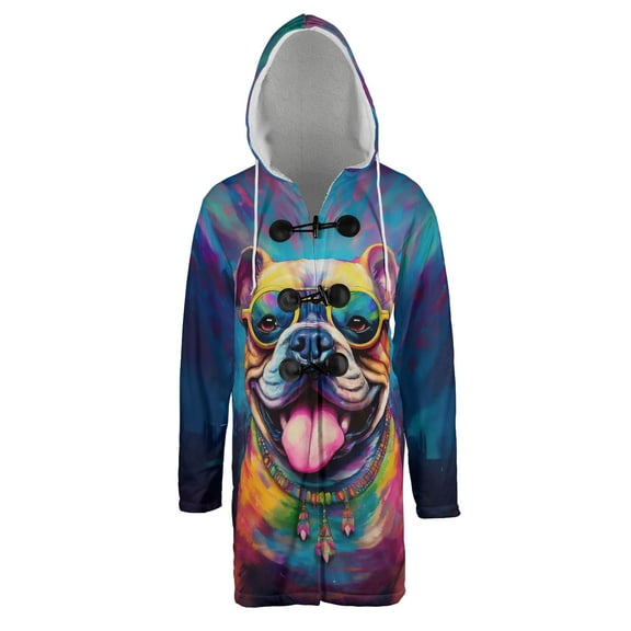 Hippie Bulldog Portrait oil painting Watercolor Tie-dye Vintage All Over Print 3D Hooded Duffle Toggle Coat Dog Lover Gifts Idea - 00015