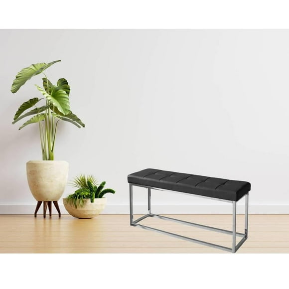 Black,Bench With Metal Frame With PU Seat Modern bench with a polished steel base.