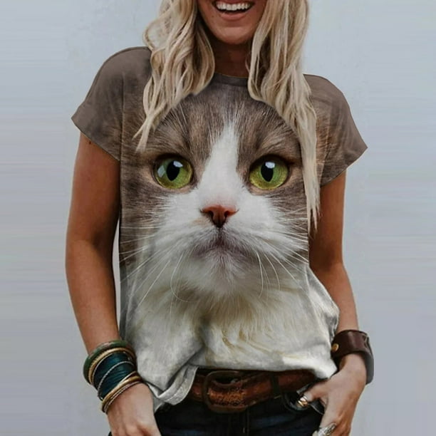 Puntoco Mujer Casual Camiseta Gato Impreso O Cuello Manga Corta Jersey Blusa tops Puntoco Puntoco 1546 Walmart en linea