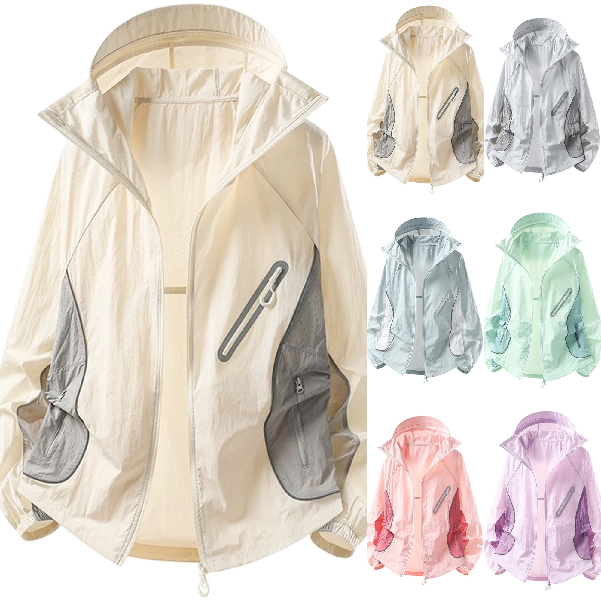 Mens Quick Dry Fishing Windbreaker Sun Protection Hooded Rain Jacket Mesh Vented Side Lightweight Shell with Zip Pockets for Hiking Running Travel Beige XXXL
