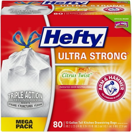 Hefty Ultra Strong Tall Kitchen Trash Bags, Citrus Twist, 13 Gallon, 80 Count