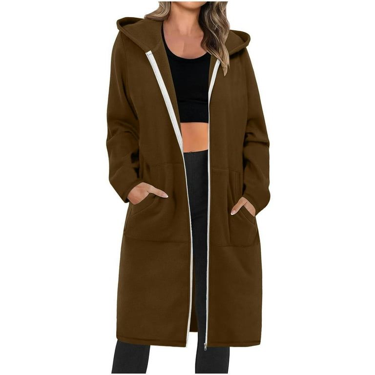 Fall Winter Savings Clearance 2024 TAGOLD Womens Long Hooded Coat Women s Long Solid Color Zipper Long Sleeved Hooded Casual Loose Outwear Walmart