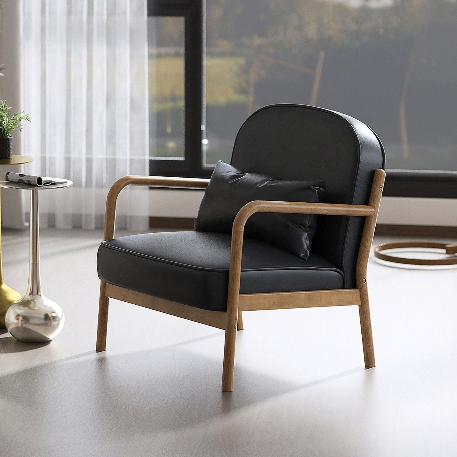 Mid-Century Modern Faux Leather & Solid Wood Accent Chair, Faux Leather - Black & Walnut