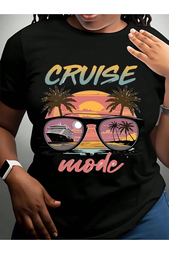 Cruise Mode Sunset Palm Tree Sunglasses Cruise Ship T-Shirt Summer Vacation Travel Beach Party Gift For Women Men,220g
