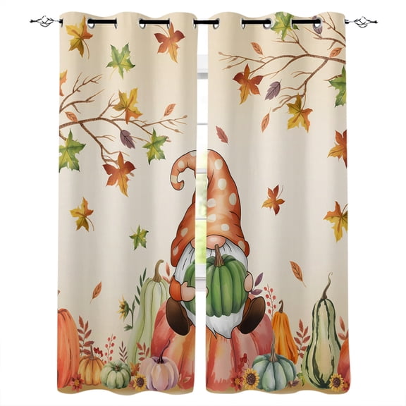 Thanksgiving Gnome Blackout Curtains for Bedroom Living Room, Watercolor Leaves 45 In Long Thermal Insulated Room Darkening Drapes Grommet Window Treatments, 42 x 45 In