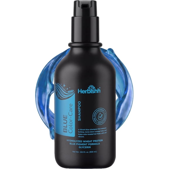 Herbishh Blue Brass-Off Toning Shampoo 500 ml, Pigmented Shampoo to Refresh & Neutralize Brassy & Orange Tones for Brunette Hair, Color-Depositing Cleanser for Treated & Highlighted Hair
