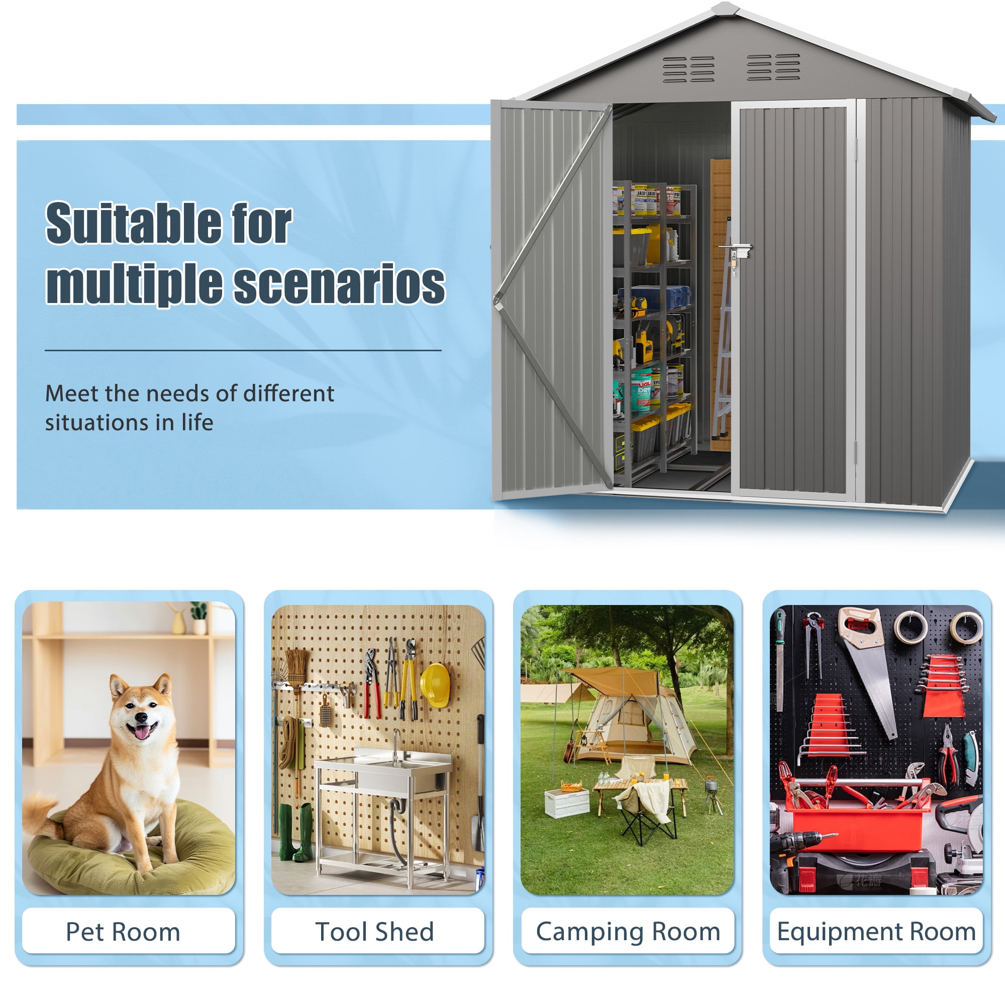 Seizeen Outdoor Storage Shed, 6' x 4'  Metal Storage Shed with Base , Seizeen Tools Storage Shed, Galvanized Steel Garden Shed with Lockable Doors for Backyard, Patio, Lawn