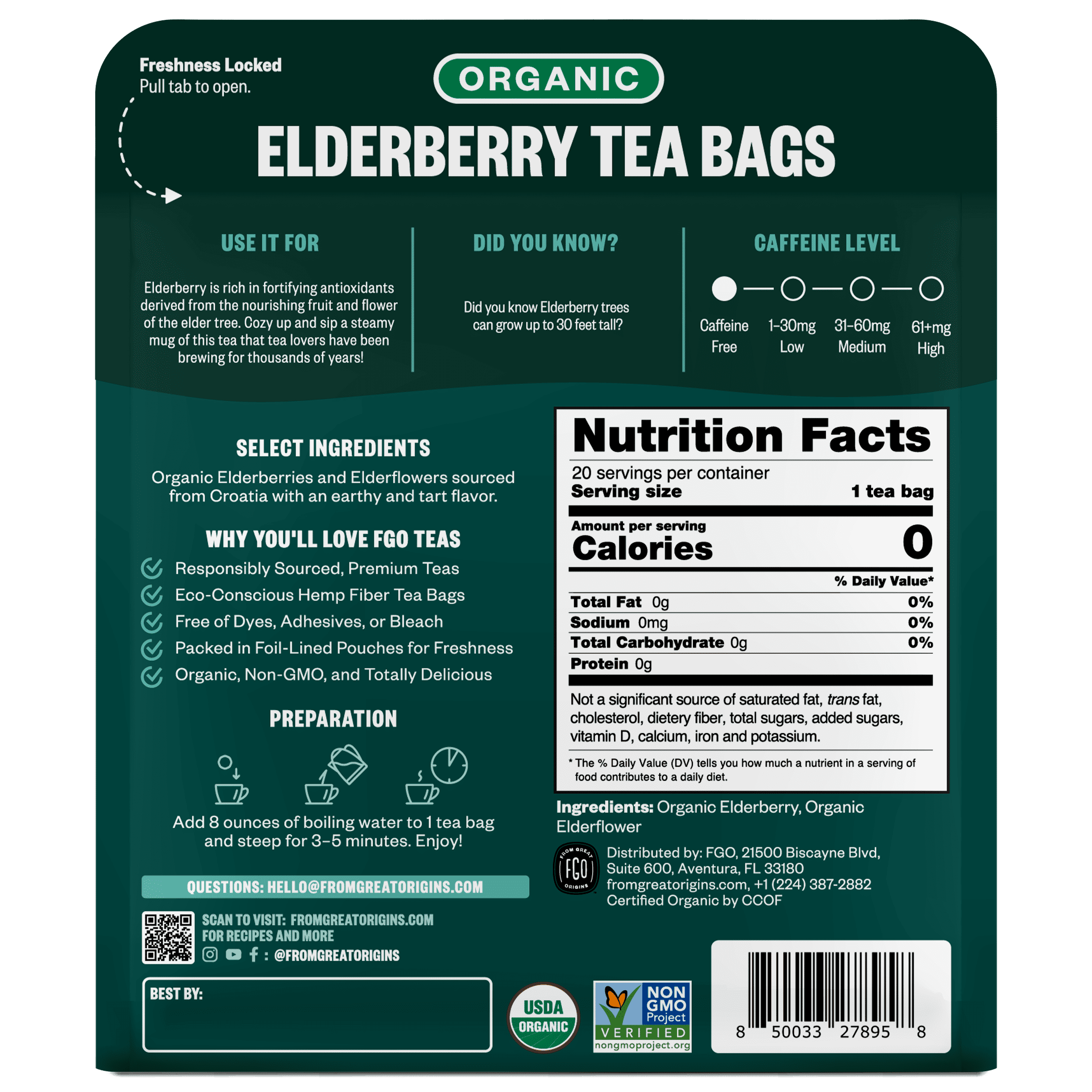 (2 pack) FGO Elderberry Tea, Organic, Eco-Conscious Tea Bags (20 Count)