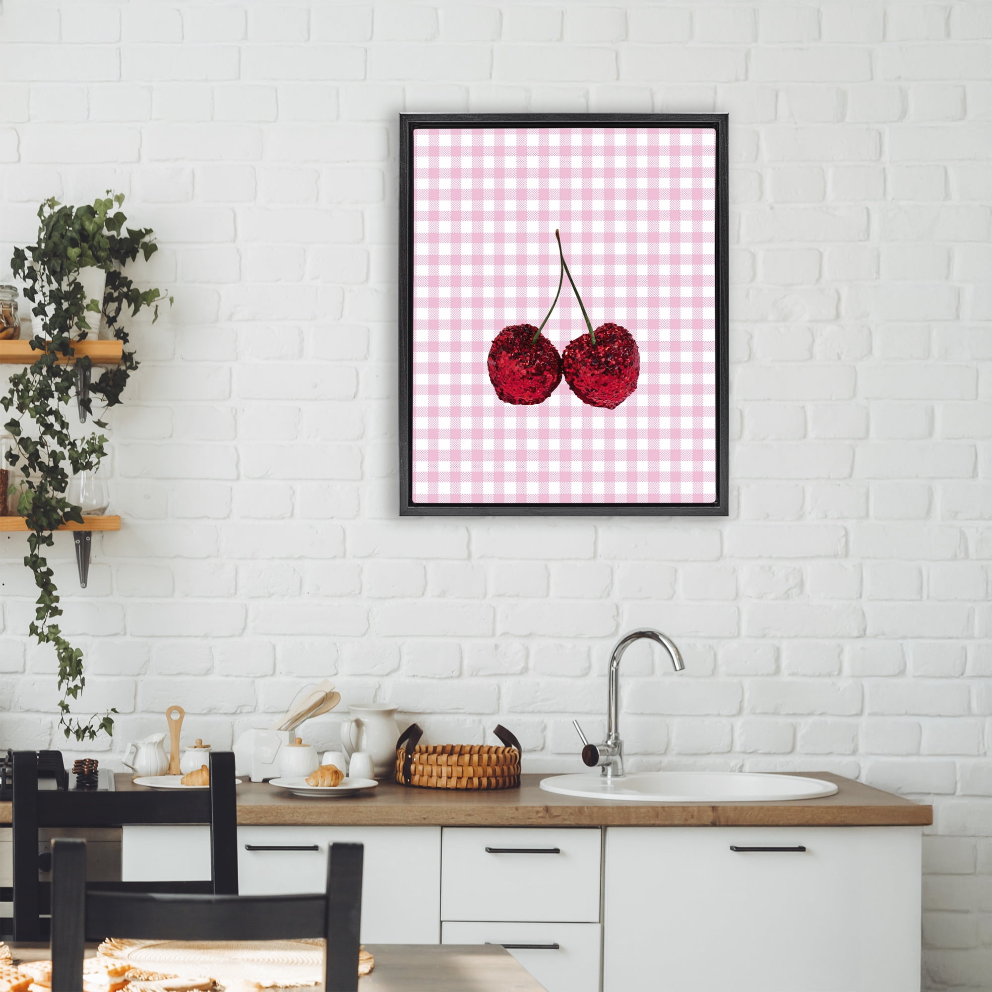 Stupell Industries Glitter Cherry on Pink Gingham Black Framed Floater Canvas Wall Art, design by LISH Creative