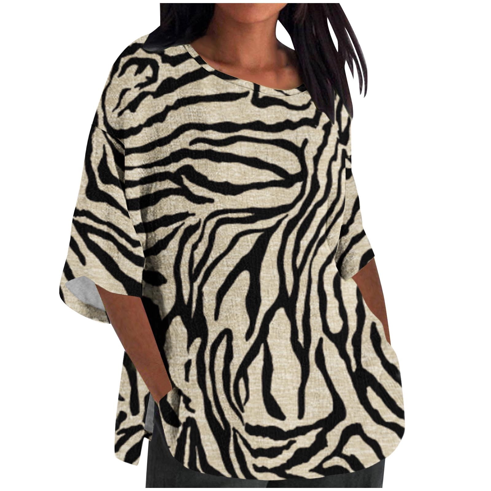AKOEE Womens 3/4 Length Plus Size T Shirt Graphic Print Loose Crew Neck Tops Short Sleeve S-5X Casual Large Tees (4X-Large, Brown)