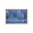 thumbnail image 1 of Winter Wall Art with Frame, Swans Swimming Lake Dusk Forest Dramatic Idyllic Nature Icy Snowy Weather Rural Scene, Printed Fabric Poster for Bathroom Living Room, 35" x 23", Blue, by Ambesonne, 1 of 2