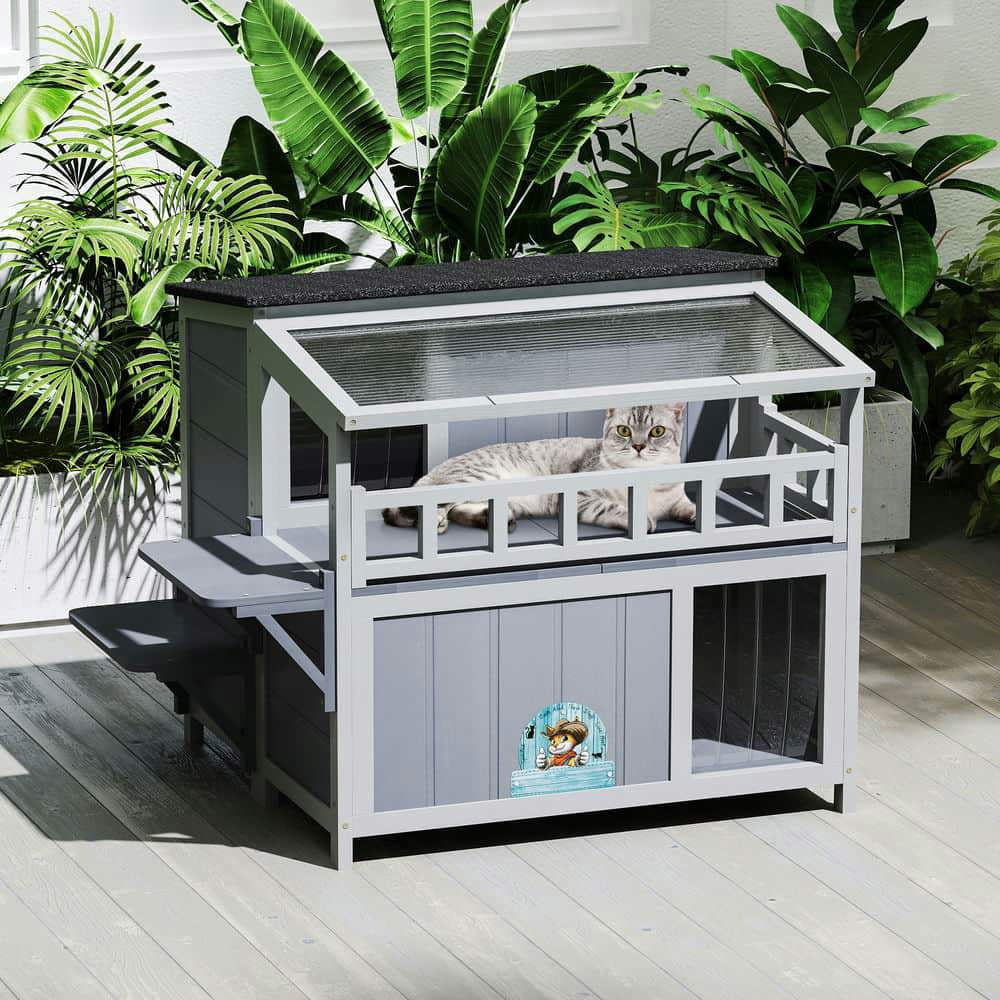Yardi Yarda 2-Tier Wooden Cat House & Enclosure with Jumping Platforms and Play Run, Waterproof Outdoor Cat Cage with Fringe Curtains and Roof, Gray