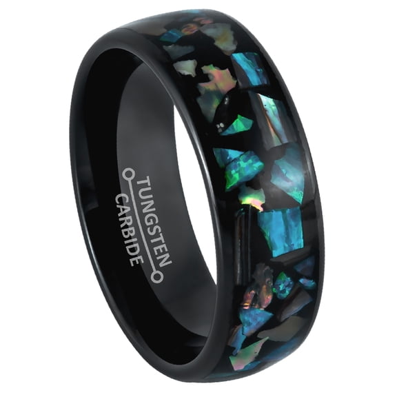 8mm Mens Black Tungsten Wedding Band, Opal & Abalone Inlay, Dome Engagement Ring - TN979WAs10