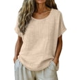 thumbnail image 4 of Womens Linen Shirts，Summer Loose Fit Trendy Ventilate Short Sleeve Casual Loose Solid Blouses Outfits ﻿ ﻿ ﻿ Cotton Gauze Blouses Dressy, 4 of 6