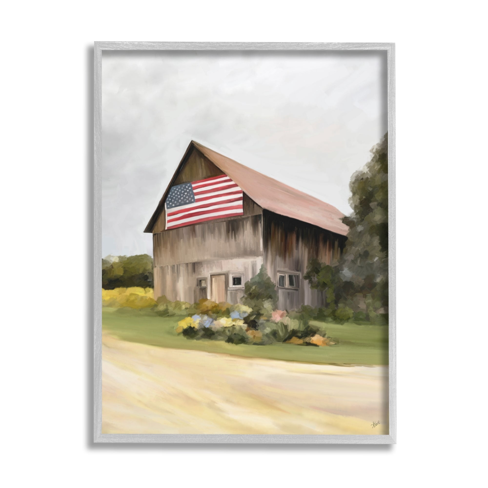 Stupell Industries Rural Americana Home Countryside Farm Flag Painting Painting Gray Framed Art Print Wall Art, Design by Amy Hall