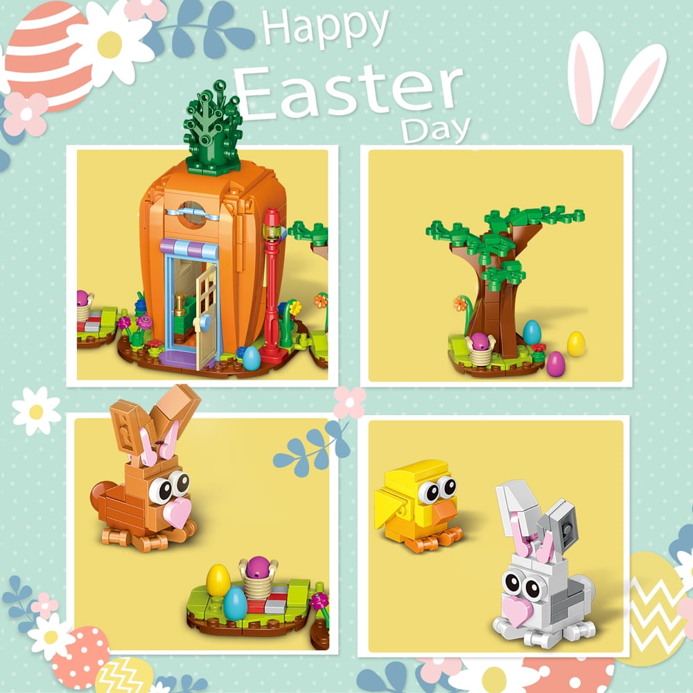 Easter Bunny Carrot House Building Set, 2 Rabbits, Chick, Colorful Easter Egg and Basket Toy, Brickheadz Pets Building Blocks Kit Gift for Boys Girls Toddlers
