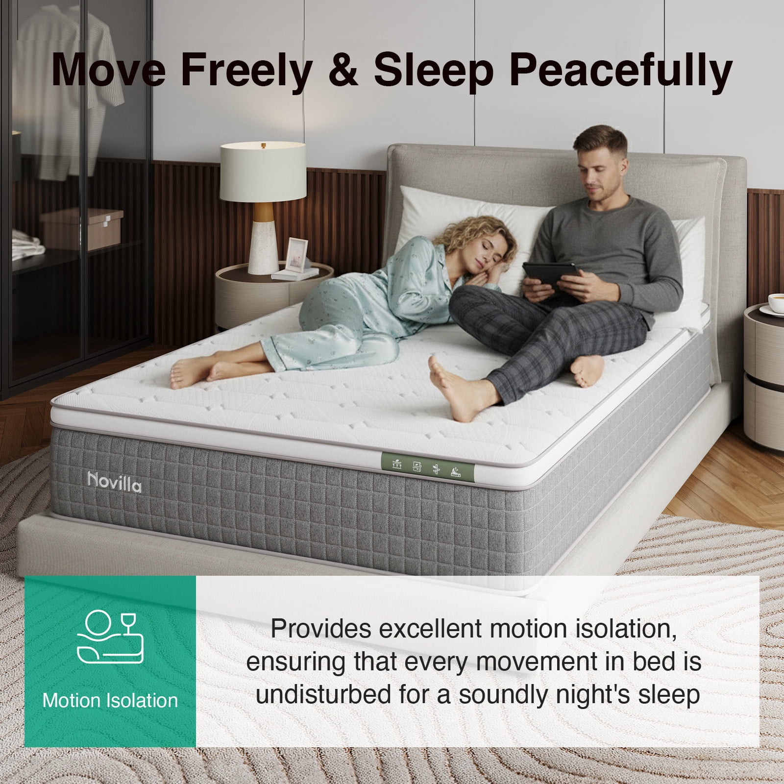 Novilla 14 Inch Queen Size Mattress,Hybrid Queen Mattress with Gel Memory Foam, Cool-to-Touch Nylon Blend & Individually Wrapped Coils for Adaptive Body Support & Motion Isolation