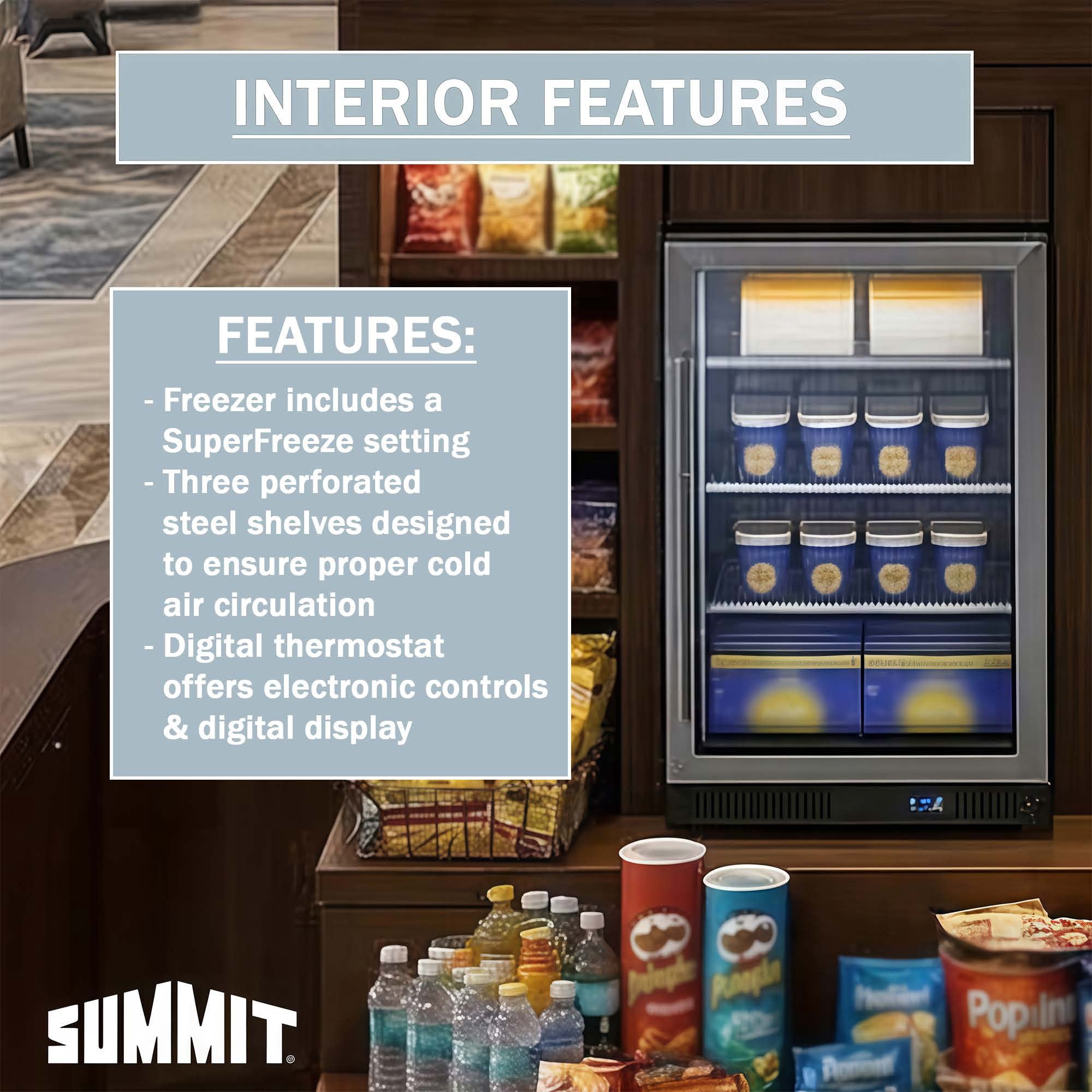 Summit 24 Inch Display Freezer, 5.0 cu.ft. Capacity,, Stainless Steel & Glass - SCF475