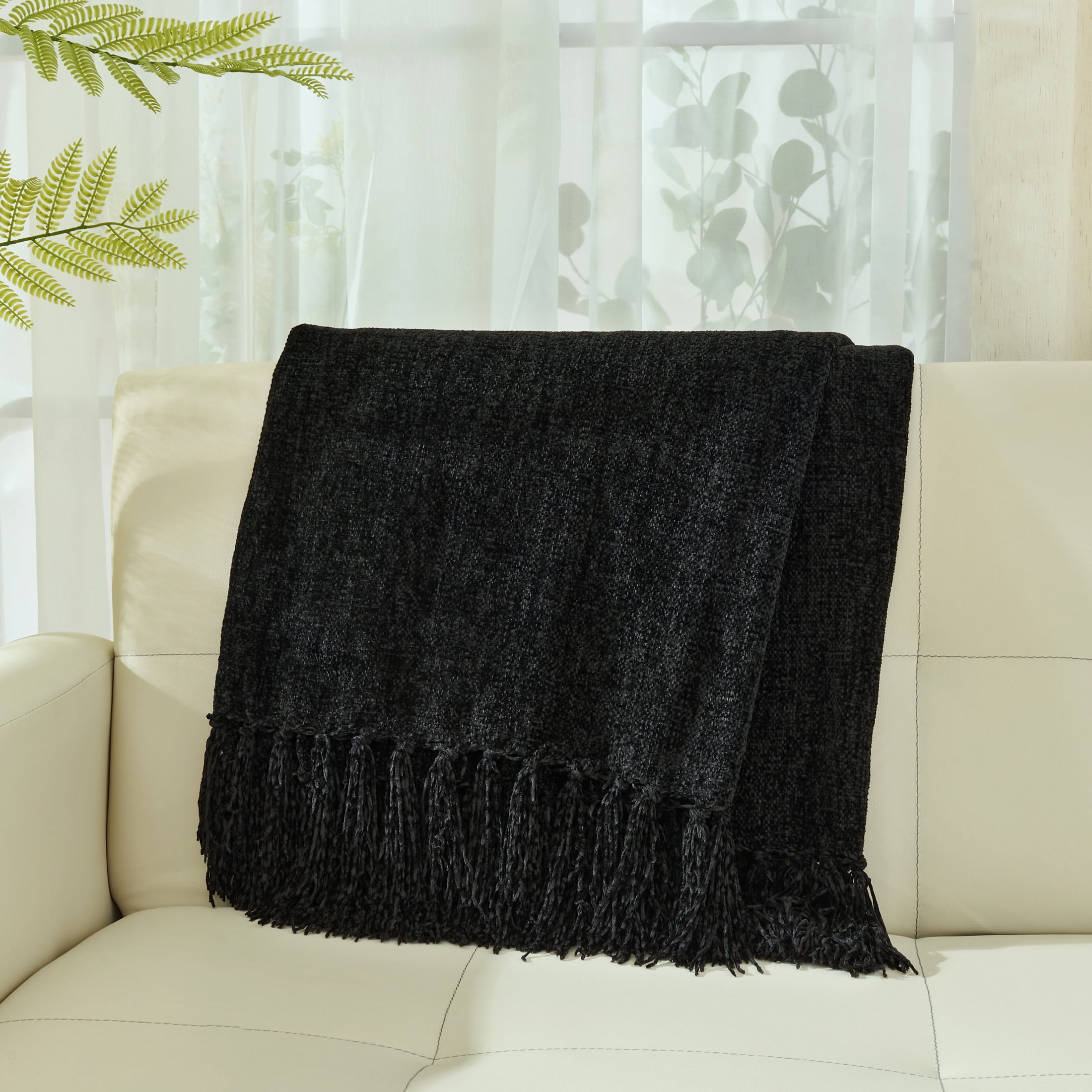 LONG CREATE Chenille Throw Blanket with Fringe Tassel for Couch Sofa Chair Bed, Black 50" x 70"