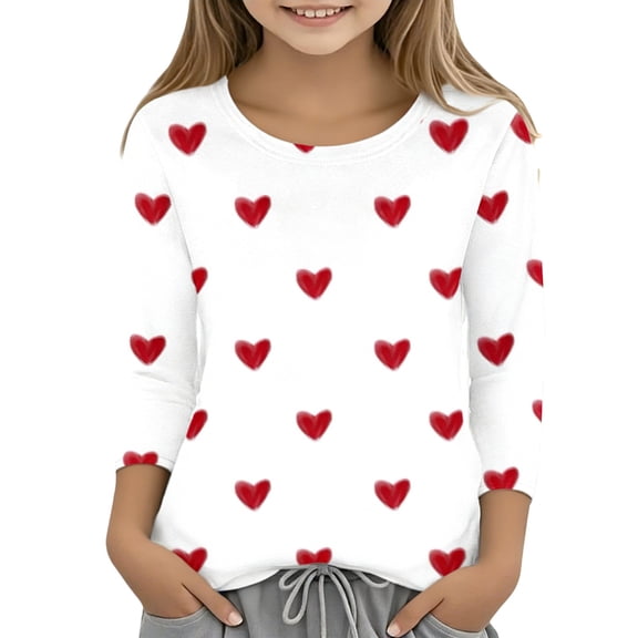 EnJoCho Valentines Day Tops for Girls Novelty Heart Graphic T Shirts 3/4 Sleeve Spring Tee Crew Neck Cute Blouses Youth Wear Clothing Apparel