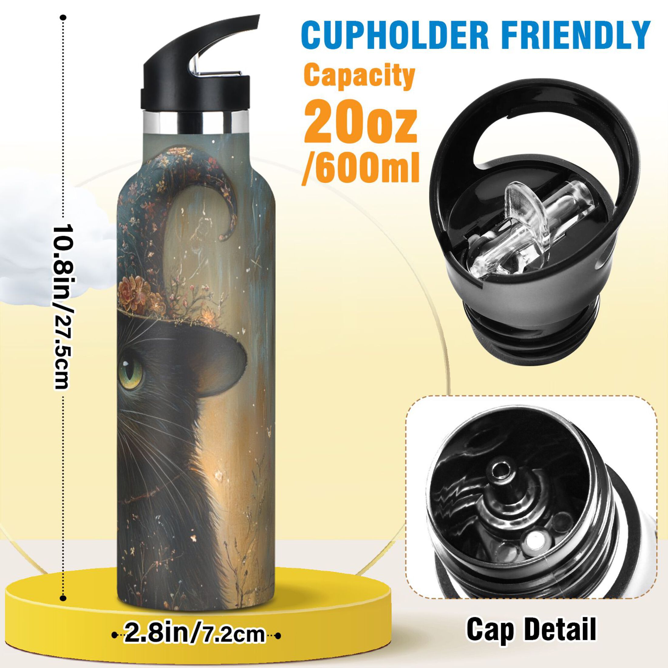 600ML Stainless Steel Insulated Cup Sports Water Bottle Portable Thermos Cup Water Glasses Insulated Tumblers Convenient and Durable Magic Hat Cat