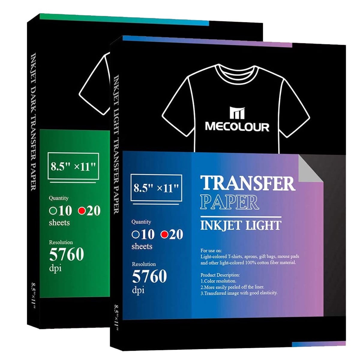 8.5x11 Heat Transfer Paper for Inkjet Laser Printer Pack of 20 Sheets Inkjet Iron on Transfer Paper for Dark & Light T-Shirts 
